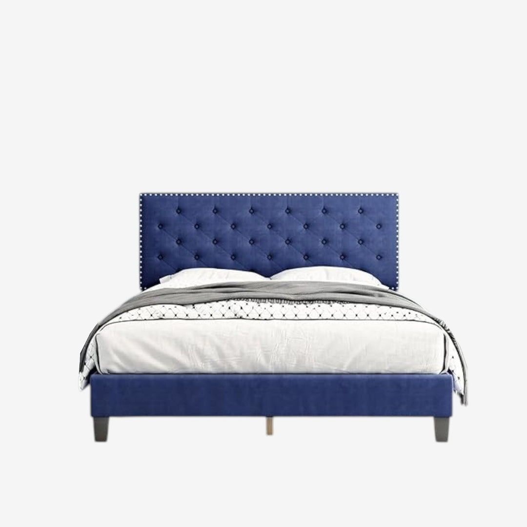 Renza Velvet Upholstered Platform Bed Frame With Adjustable Headboard - Blue