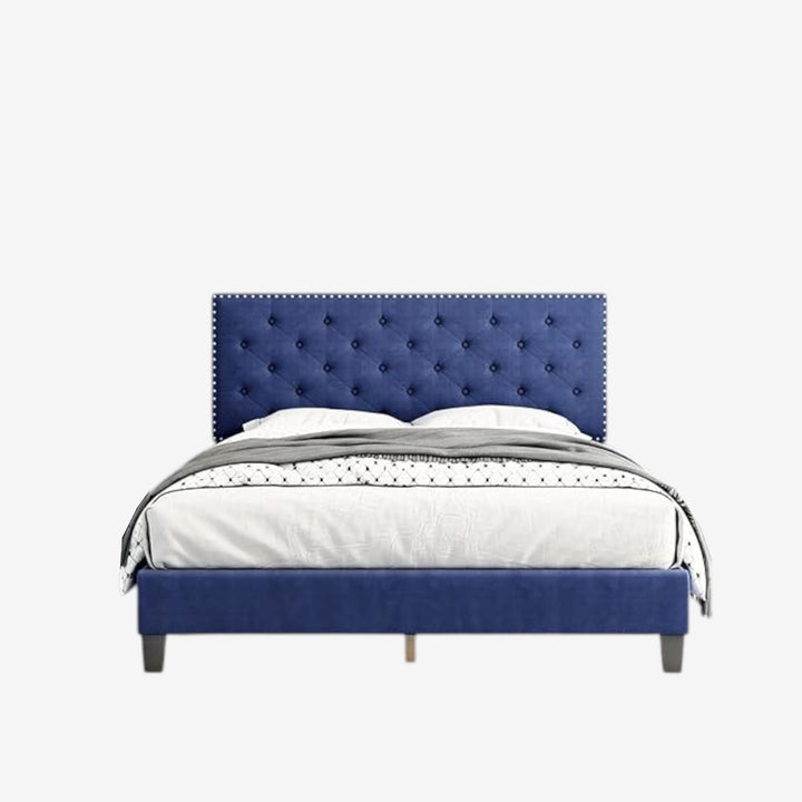 Renza Velvet Upholstered Platform Bed Frame With Adjustable Headboard - Blue