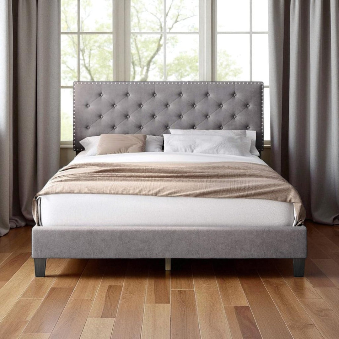 Renza Velvet Upholstered Platform Bed Frame With Adjustable Headboard - Grey