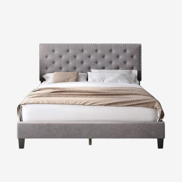Renza Velvet Upholstered Platform Bed Frame With Adjustable Headboard - Grey