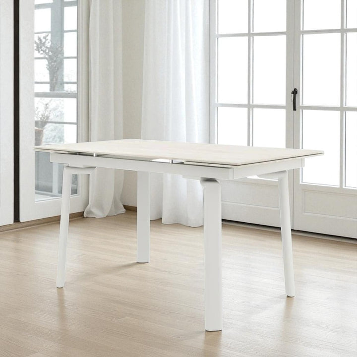 Swank Extendable Metallic Dining Table With Sintered Stone Top - Travertine/ Cream