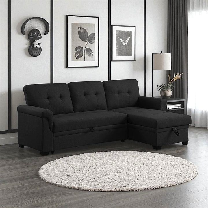 Trenton Sectional Sofa Bed With Reversible Storage Chaise & USB Charging Ports - Black