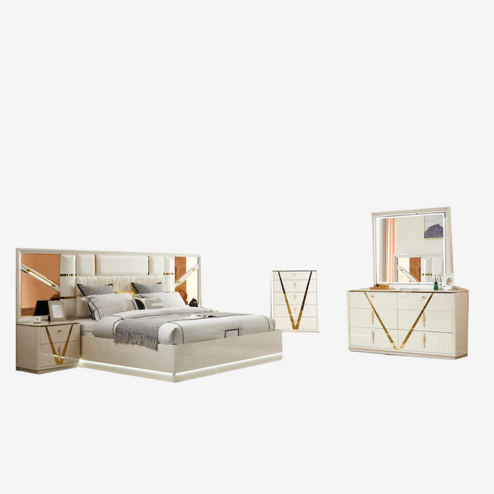 Fable 8-Piece Bedroom Set - White/ Gold | Timeless, Stylish, Durable & Storage Solution