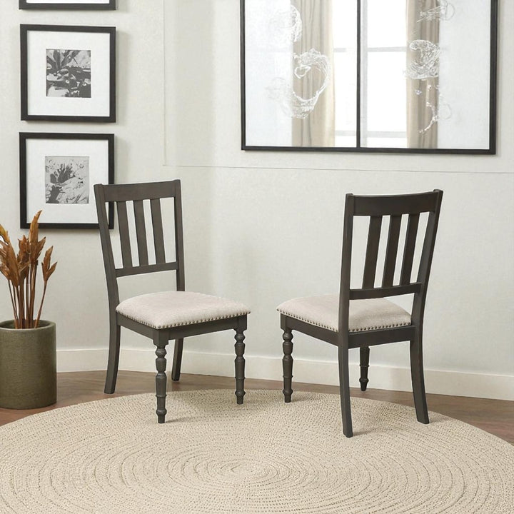 Noir Wooden Dining Chair in Fabric Upholstery (Set of 2) - Beige/ Dark Grey
