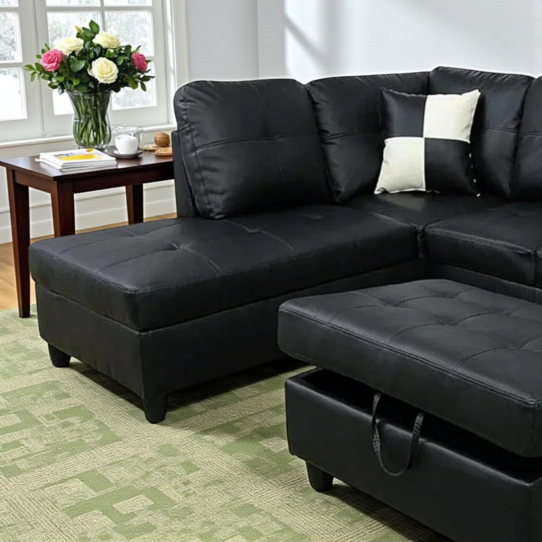 Bela Sectional Sofa With LHF Storage Chaise & Ottoman - Black | Available In LHF/ RHF Configuration