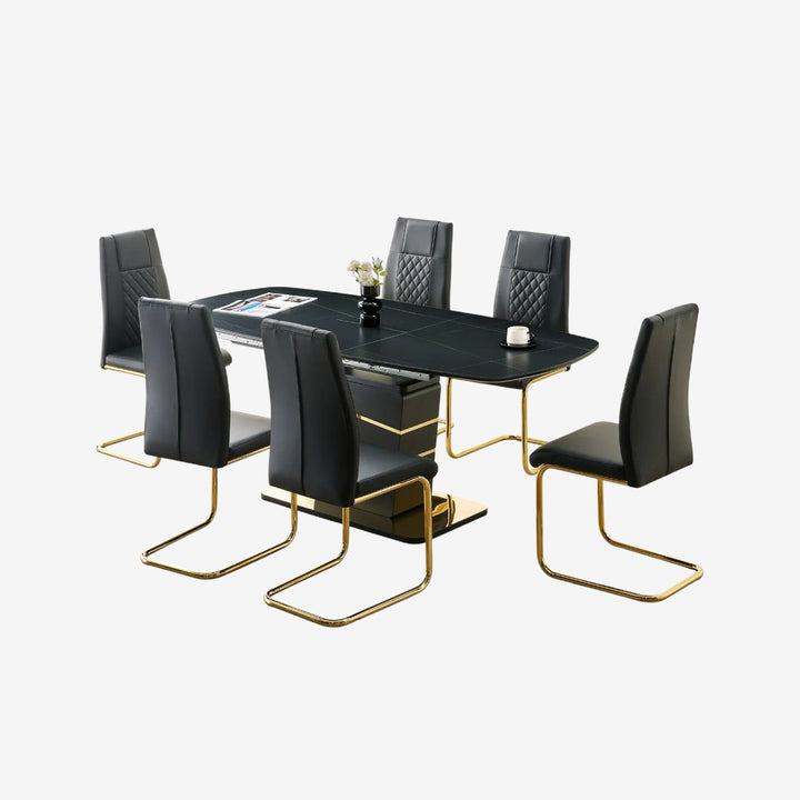 Lysa Modern Dining Table Set For 6 With Leather Upholstered Chairs - Black/ Gold