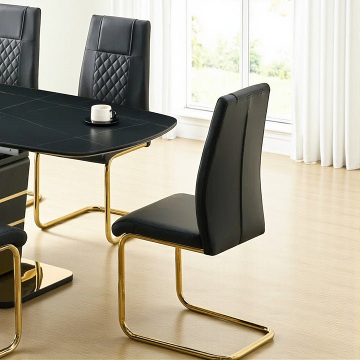 Lysa Modern Dining Table Set For 6 With Leather Upholstered Chairs - Black/ Gold