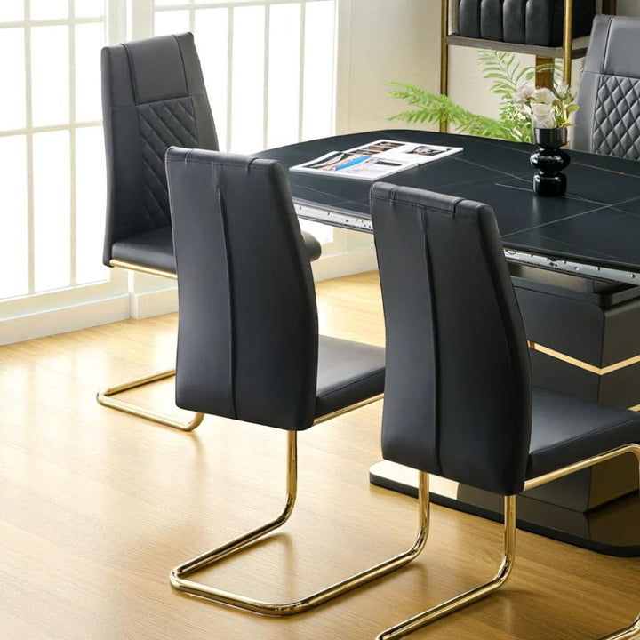 Lysa Modern Dining Table Set For 6 With Leather Upholstered Chairs - Black/ Gold