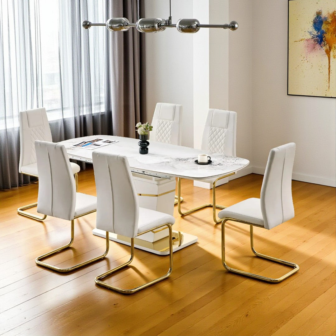 Lysa Modern Dining Table Set For 6 With Leather Upholstered Chairs - White/ Gold