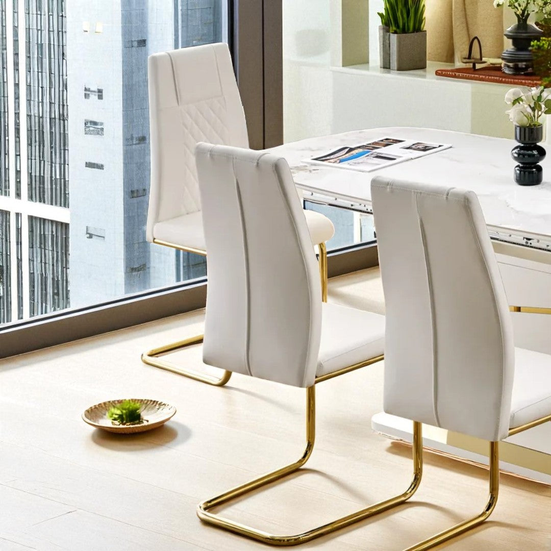 Lysa Modern Dining Table Set For 6 With Leather Upholstered Chairs - White/ Gold