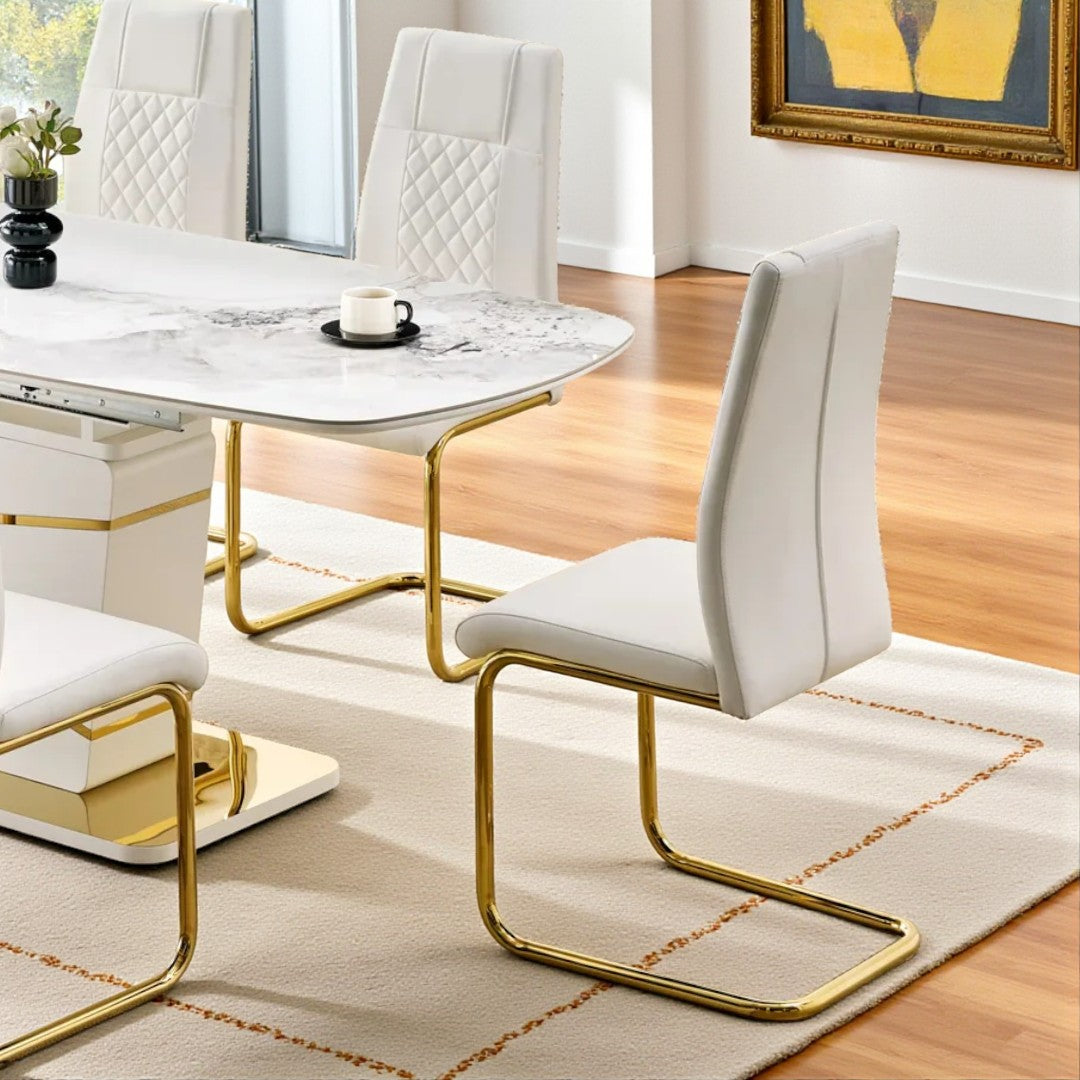 Lysa Modern Dining Table Set For 6 With Leather Upholstered Chairs - White/ Gold