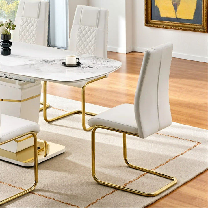 Lysa Modern Dining Table Set For 6 With Leather Upholstered Chairs - White/ Gold