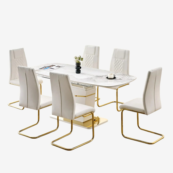 Lysa Modern Dining Table Set For 6 With Leather Upholstered Chairs - White/ Gold