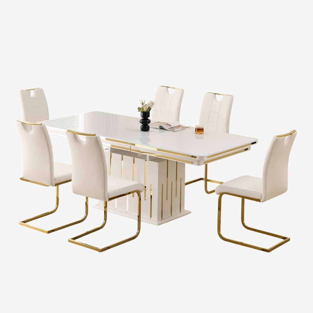 Zenix Stylish Dining Table Set For 6 With Leather Upholstered Chairs - White/ Gold