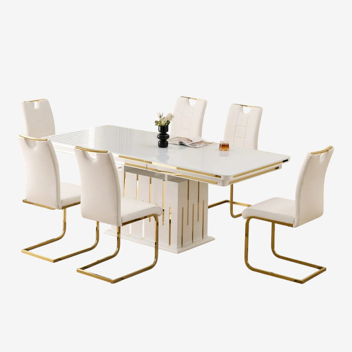 Zenix Stylish Dining Table Set For 6 With Leather Upholstered Chairs - White/ Gold