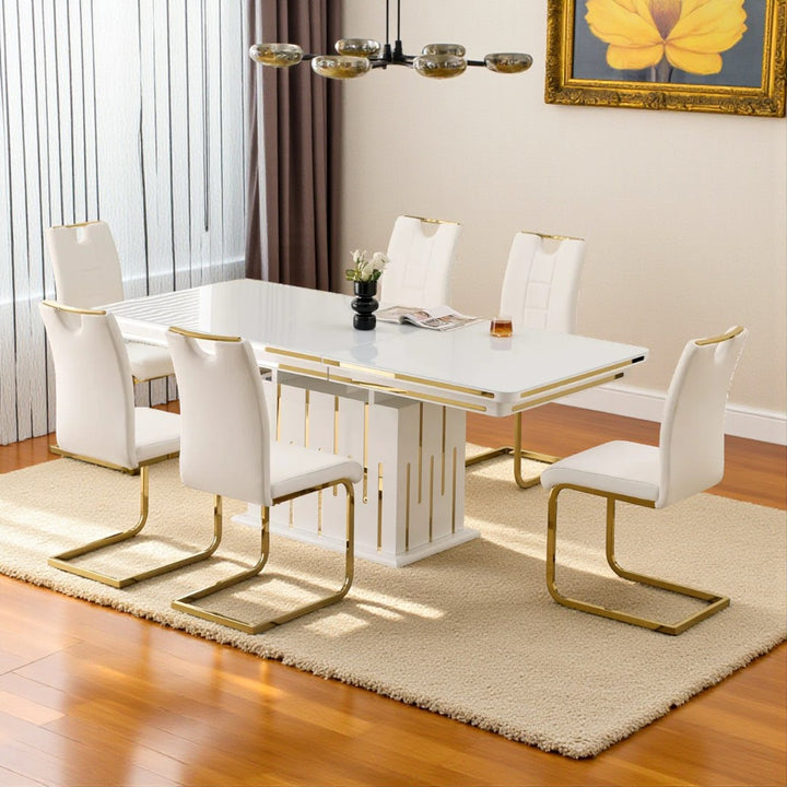 Zenix Stylish Dining Table Set For 6 With Leather Upholstered Chairs - White/ Gold