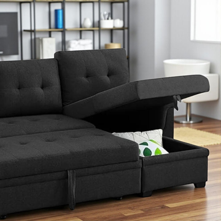 Trenton Sectional Sofa Bed With Reversible Storage Chaise & USB Charging Ports - Black