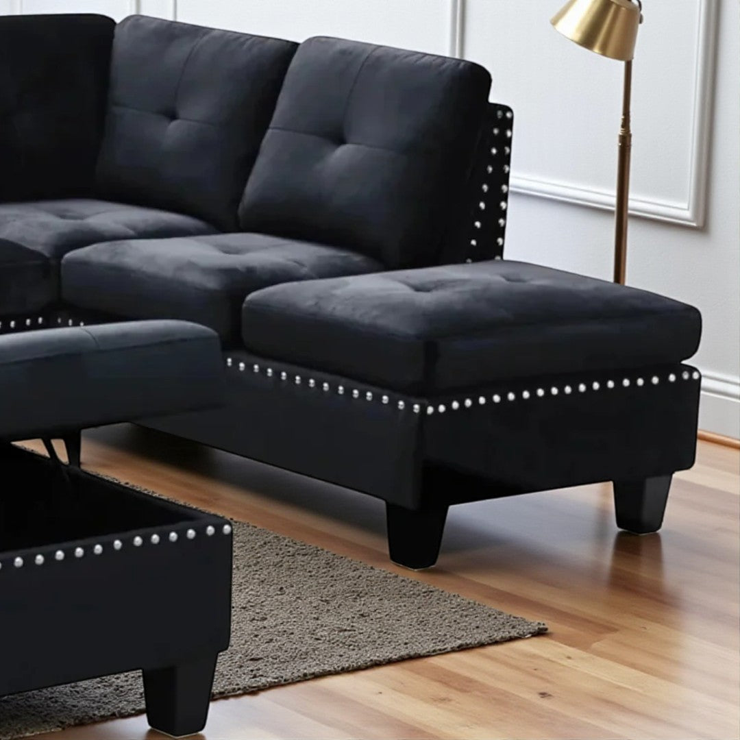 Vincent 3-Piece Reversible Sectional Sofa With Storage Ottoman - Black