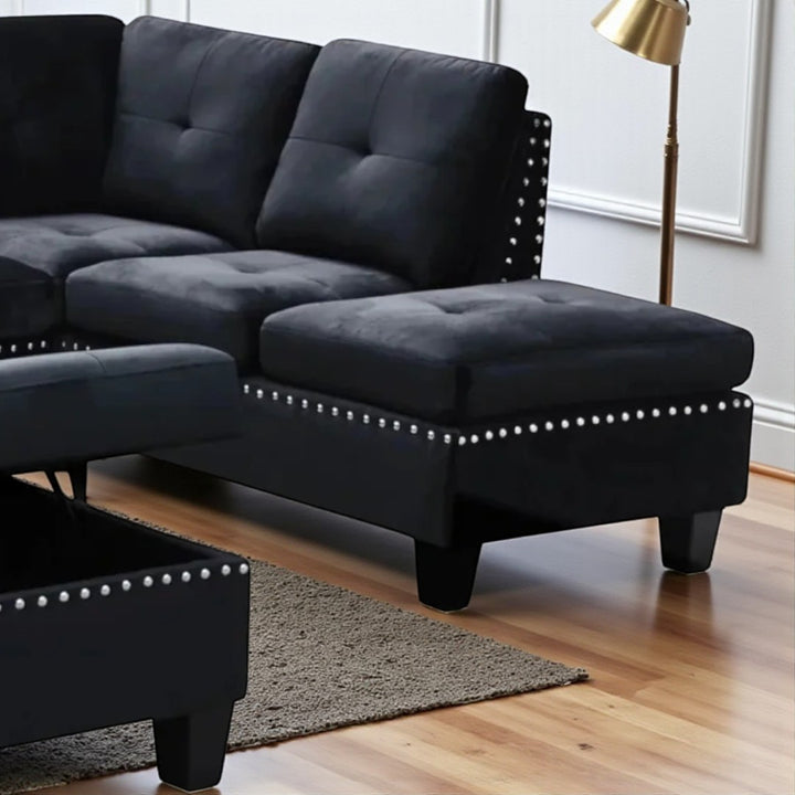 Vincent 3-Piece Reversible Sectional Sofa With Storage Ottoman - Black