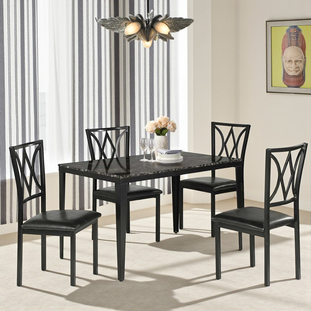 Rolf Metallic Dining Table For 4 With Leather Upholstered Chairs - Black