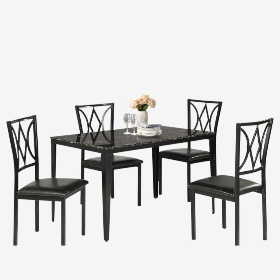 Rolf Metallic Dining Table For 4 With Leather Upholstered Chairs - Black