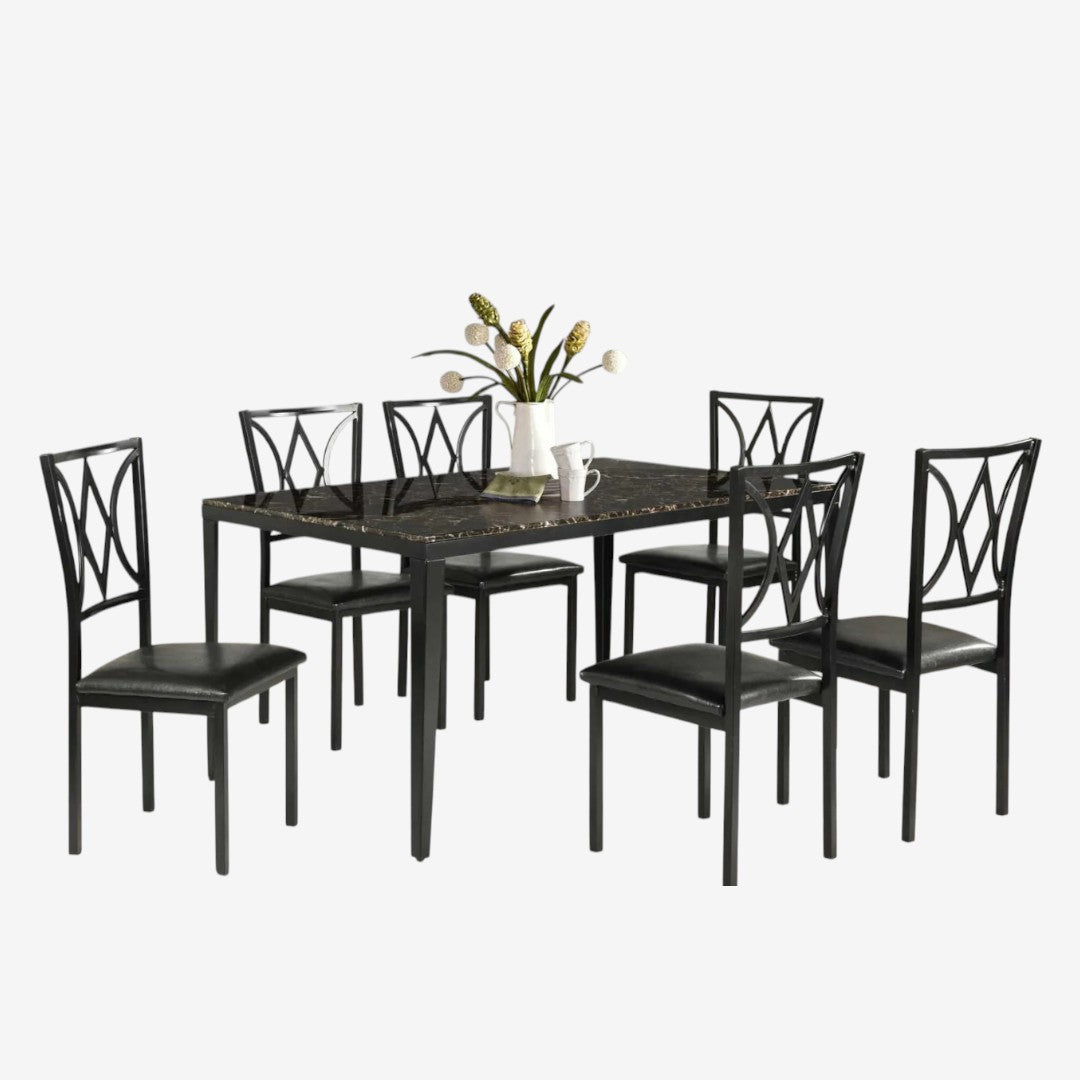 Rolf Metallic Dining Table For 6 With Leather Upholstered Chairs - Black