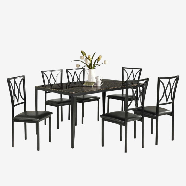 Rolf Metallic Dining Table For 6 With Leather Upholstered Chairs - Black