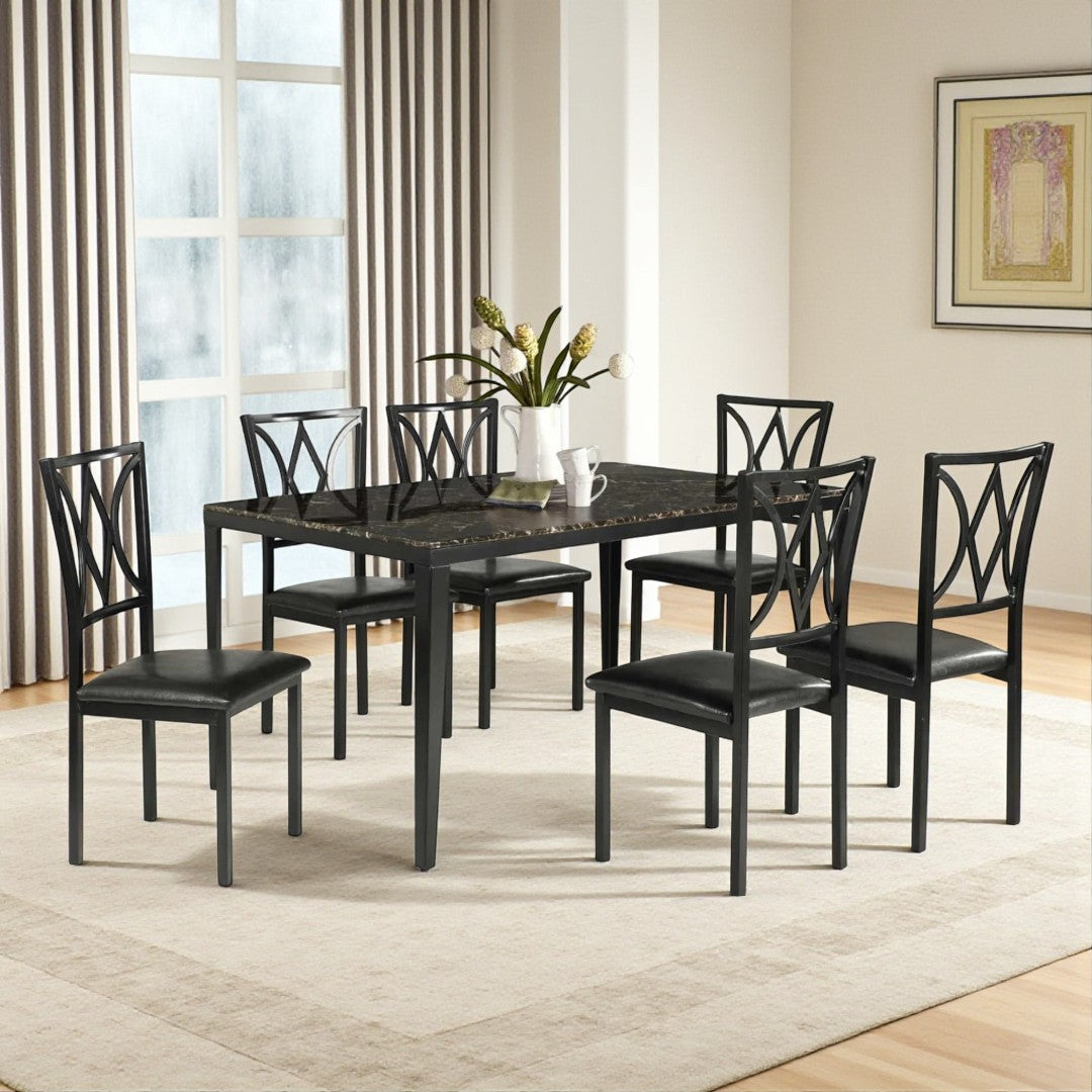 Rolf Metallic Dining Table For 6 With Leather Upholstered Chairs - Black