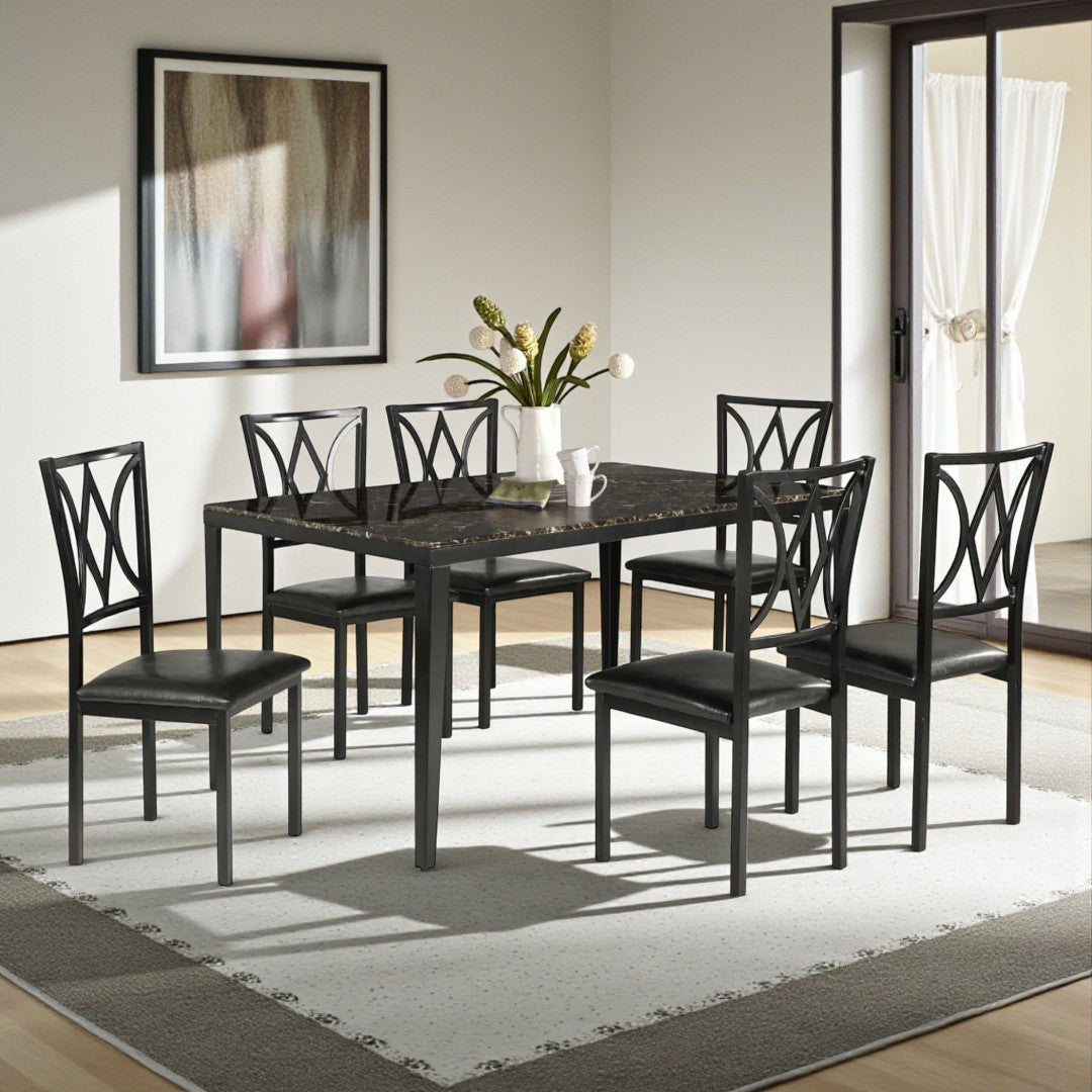 Rolf Metallic Dining Table For 6 With Leather Upholstered Chairs - Black