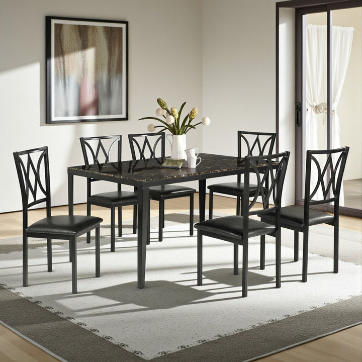 Rolf Metallic Dining Table For 6 With Leather Upholstered Chairs - Black