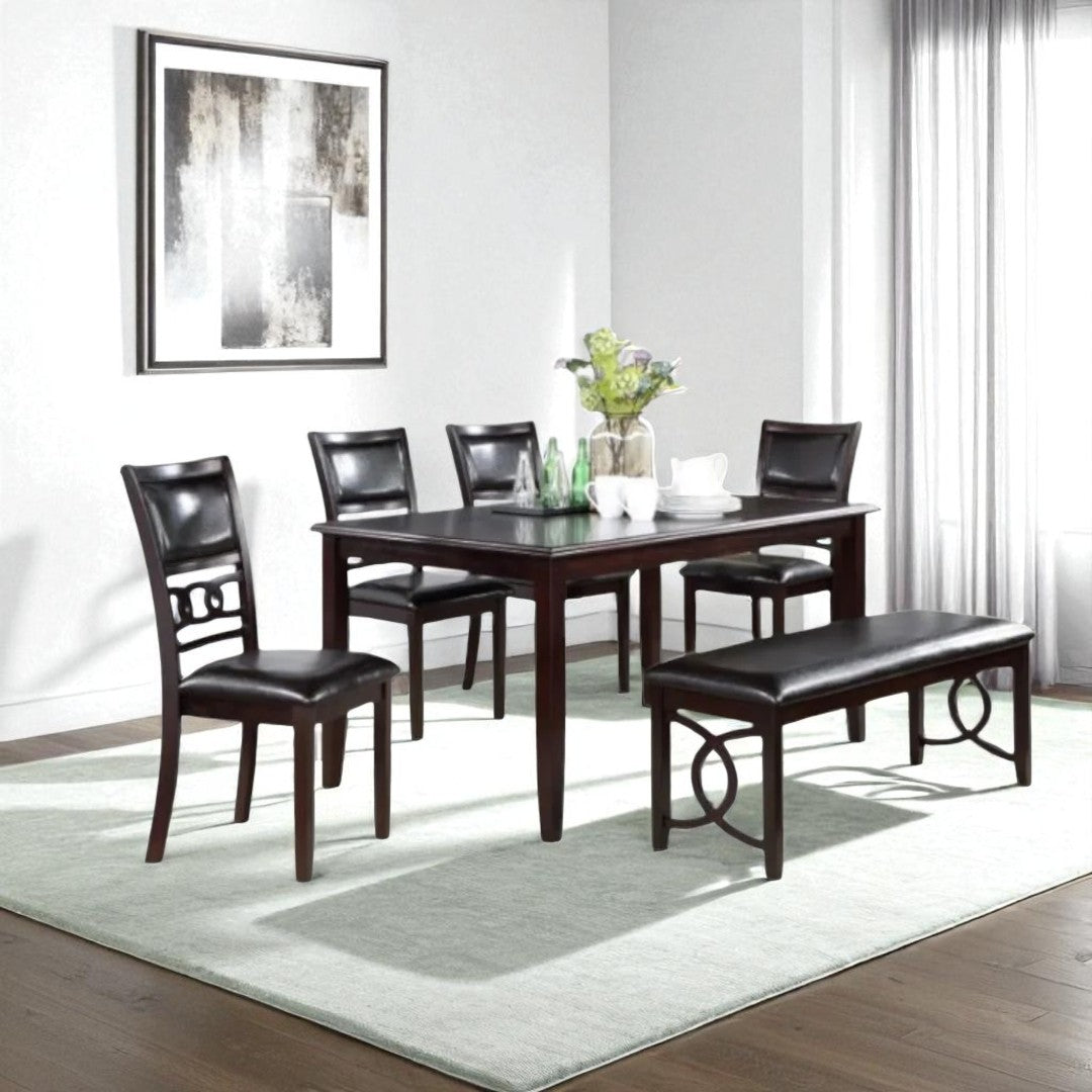 Anna Wooden Dining Table Set For 6 With PU Upholstered Chairs & Bench - Espresso