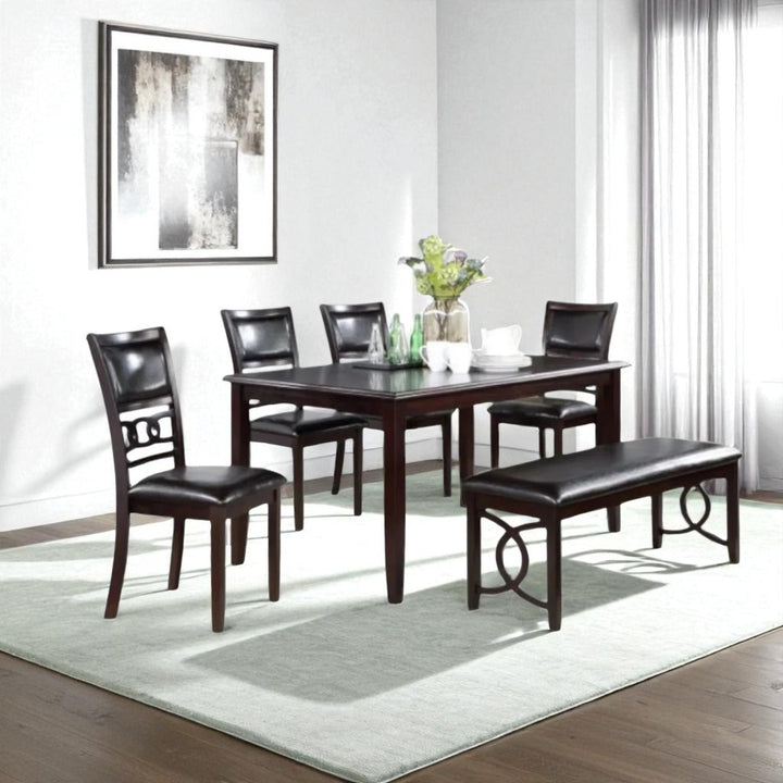 Anna Wooden Dining Table Set For 6 With PU Upholstered Chairs & Bench - Espresso