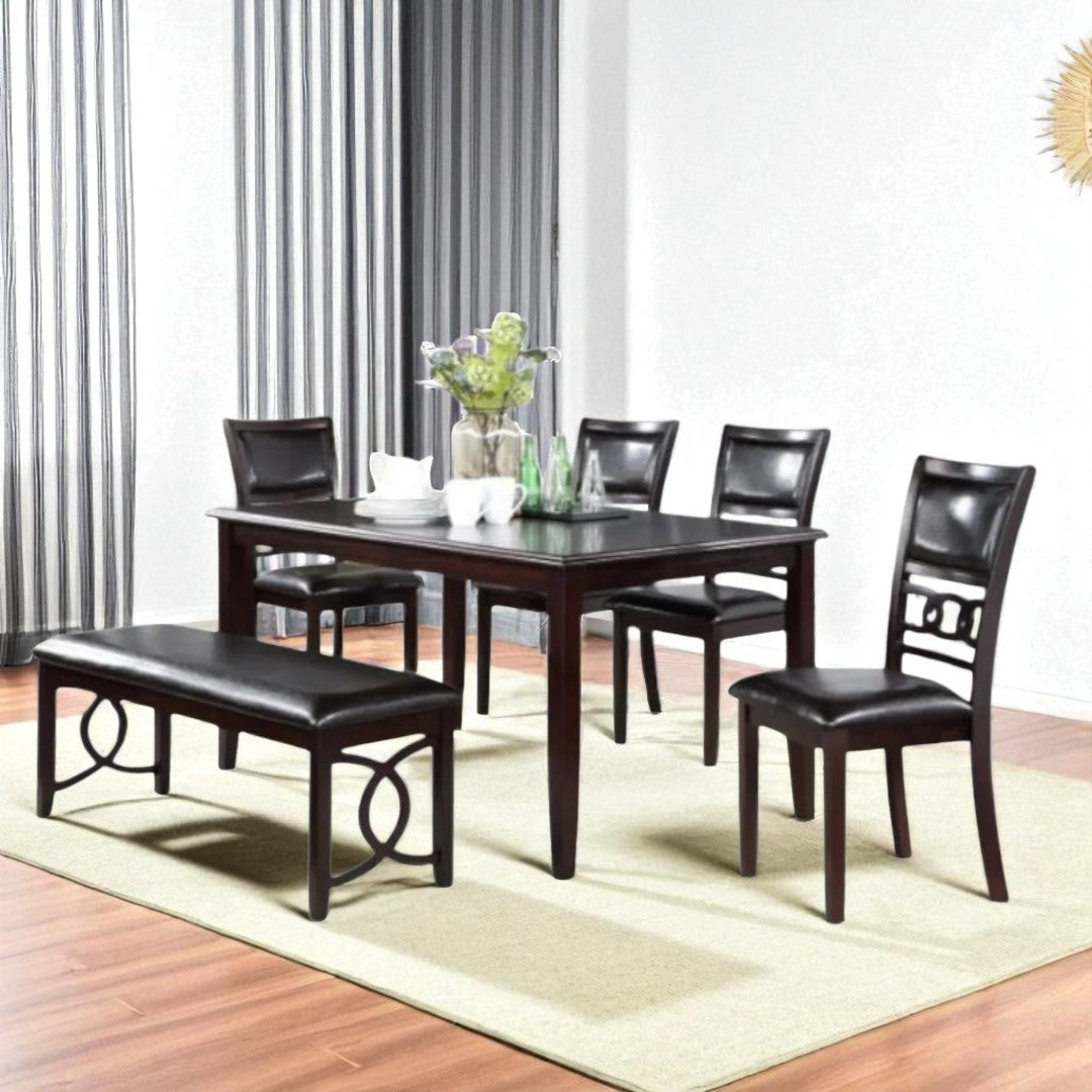 Anna Wooden Dining Table Set For 6 With PU Upholstered Chairs & Bench - Espresso