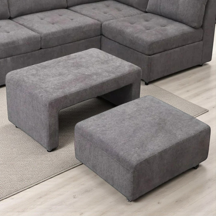 Leo Fabric Upholstered Sectional Sofa With Nesting Bench & Ottoman - Grey