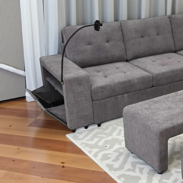 Leo Fabric Upholstered Sectional Sofa With Nesting Bench & Ottoman - Grey