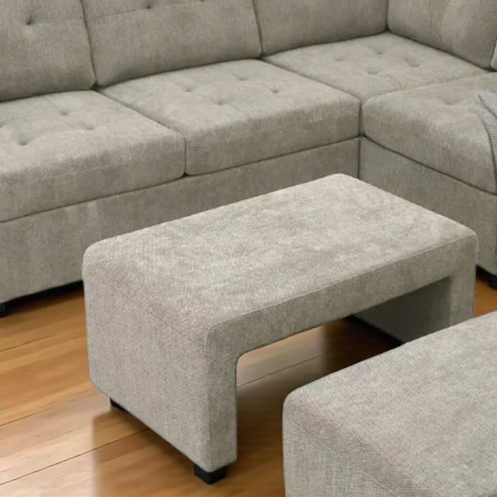 Leo Fabric Upholstered Sectional Sofa With Nesting Bench &amp; Ottoman - Beige