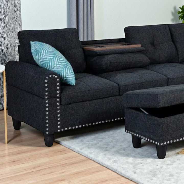 Remy Fabric Upholstered RHF Sectional Sofa With Storage Ottoman - Dark Grey