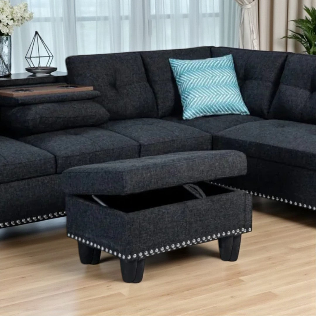 Remy Fabric Upholstered RHF Sectional Sofa With Storage Ottoman - Dark Grey