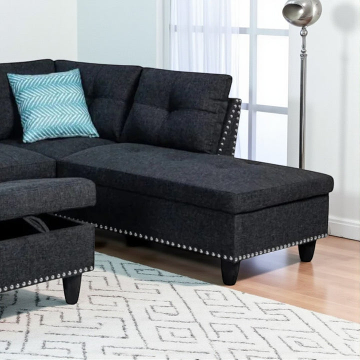 Remy Fabric Upholstered RHF Sectional Sofa With Storage Ottoman - Dark Grey