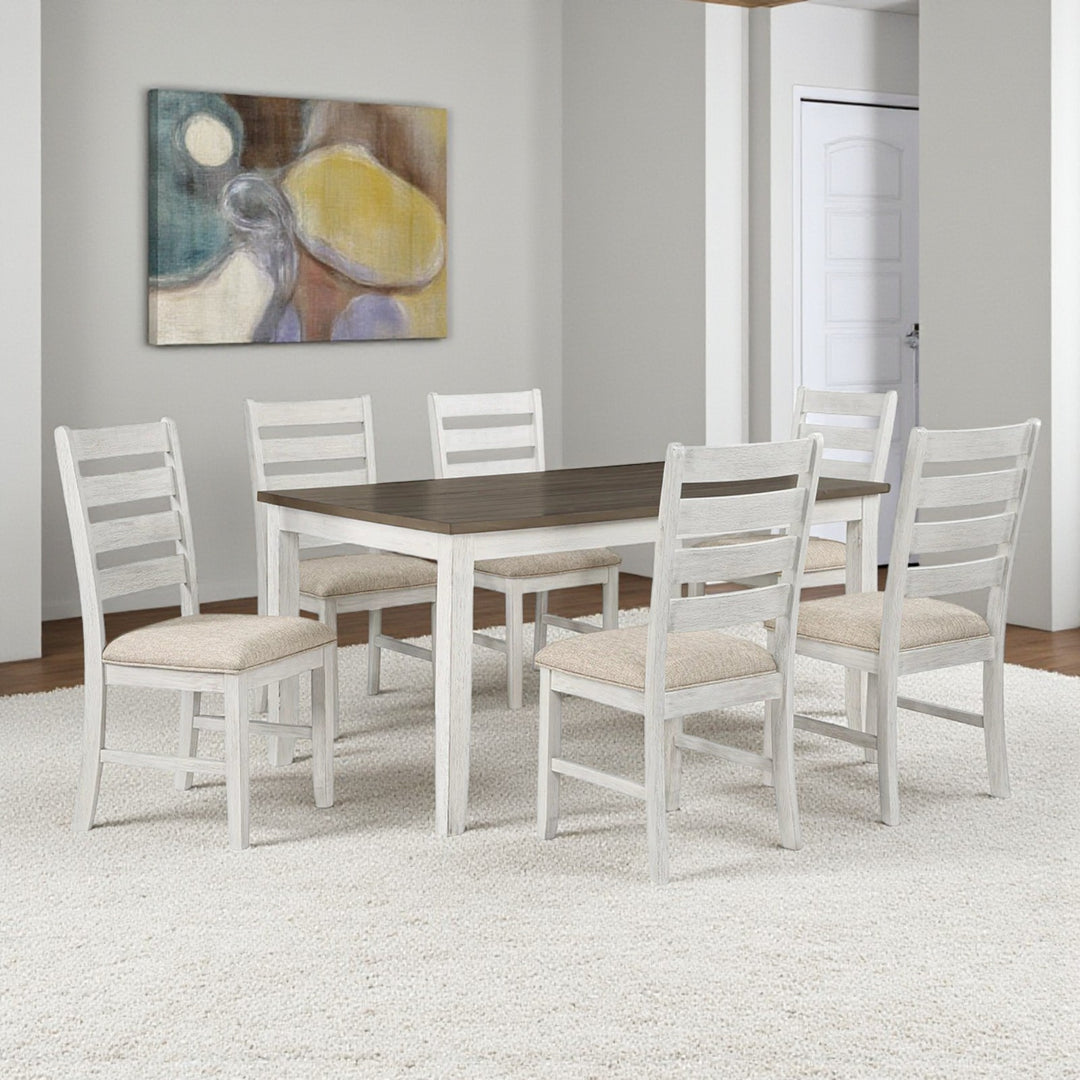 Monera Wooden Dining Table Set For 6 With Fabric Upholstered Chairs - Brown/ White