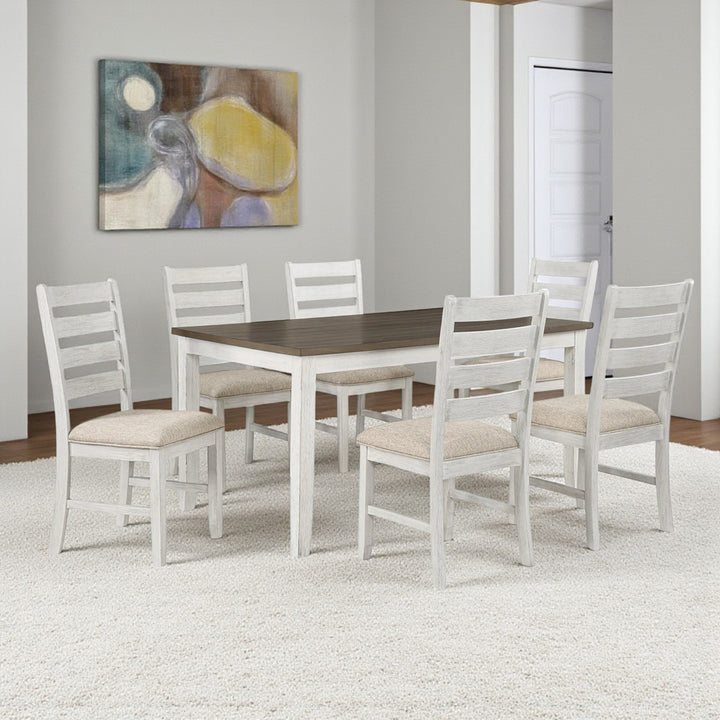 Monera Wooden Dining Table Set For 6 With Fabric Upholstered Chairs - Brown/ White