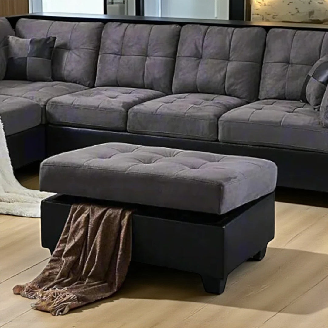 Eva Canapé sectionnel en tissu avec méridienne accoudoir gauche et pouf de rangement – Gris/Noir