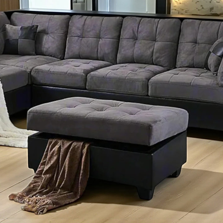 Eva Canapé sectionnel en tissu avec méridienne accoudoir gauche et pouf de rangement – Gris/Noir