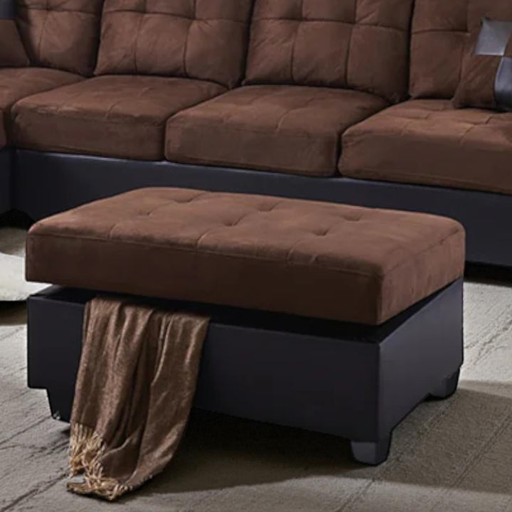 Eva Canapé sectionnel en tissu avec méridienne accoudoir gauche et pouf de rangement – Chocolat/ Noir