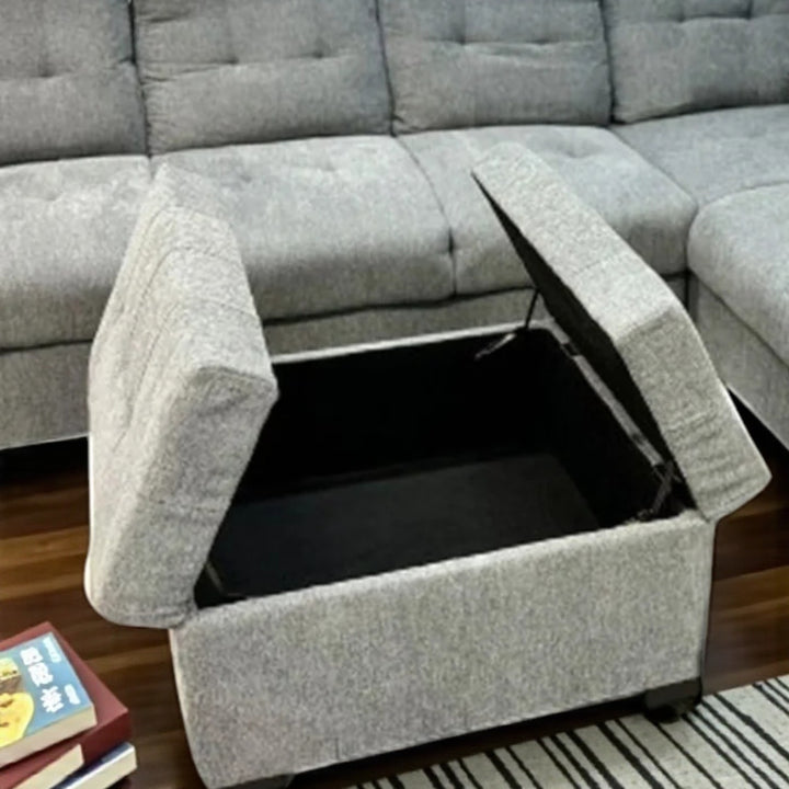 Bena Canapé sectionnel avec méridienne à droite et pouf de rangement – Gris | Disponible en configuration accoudoir gauche/droite
