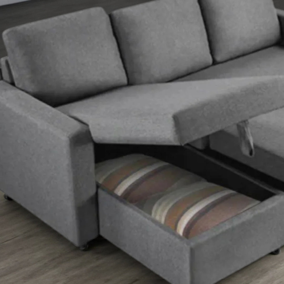 Plushen Fabric Upholstered Sectional Sofa Bed With Reversible Storage Chaise - Grey