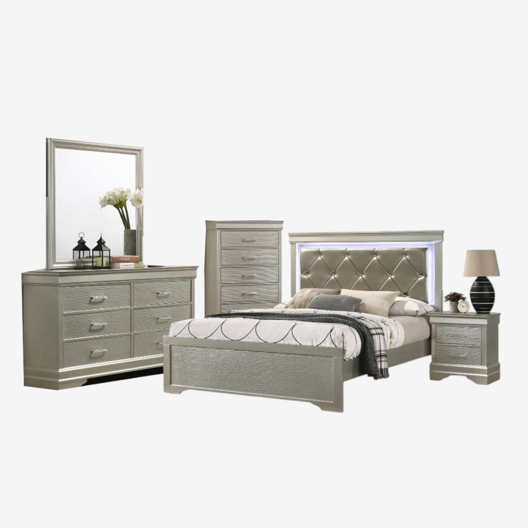 Axora 8-Piece Stylish Bedroom Set - Champagne | Modern, Sturdy, Ambient LEDs & Smart Storage