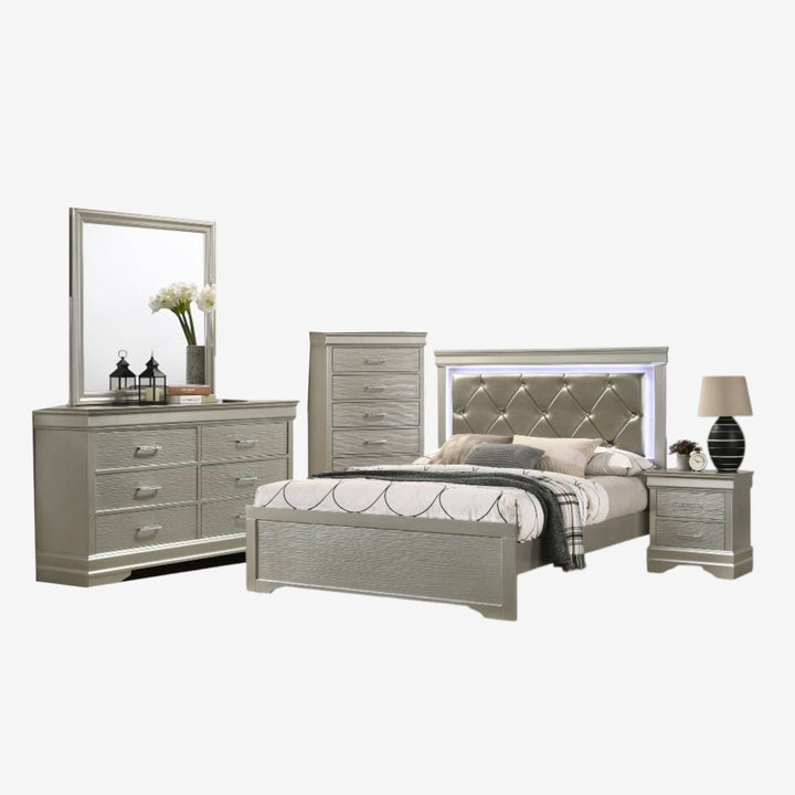 Axora 8-Piece Stylish Bedroom Set - Champagne | Modern, Sturdy, Ambient LEDs & Smart Storage