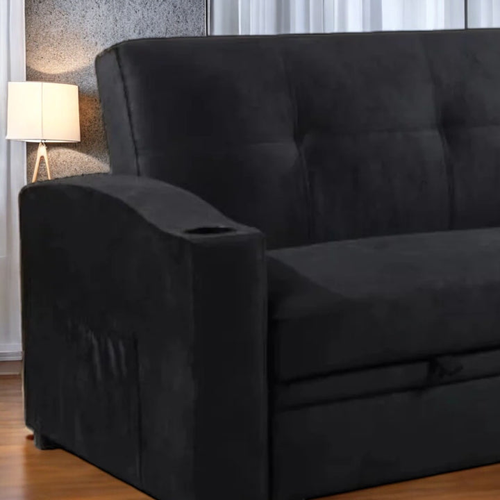 Hailey Fabric Upholstered Sofa Bed With Cup Holders - Black