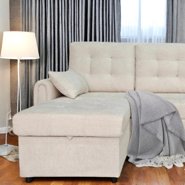Céleste Fabric Upholstered Sectional Sofa Bed With Reversible Storage Chaise - Beige